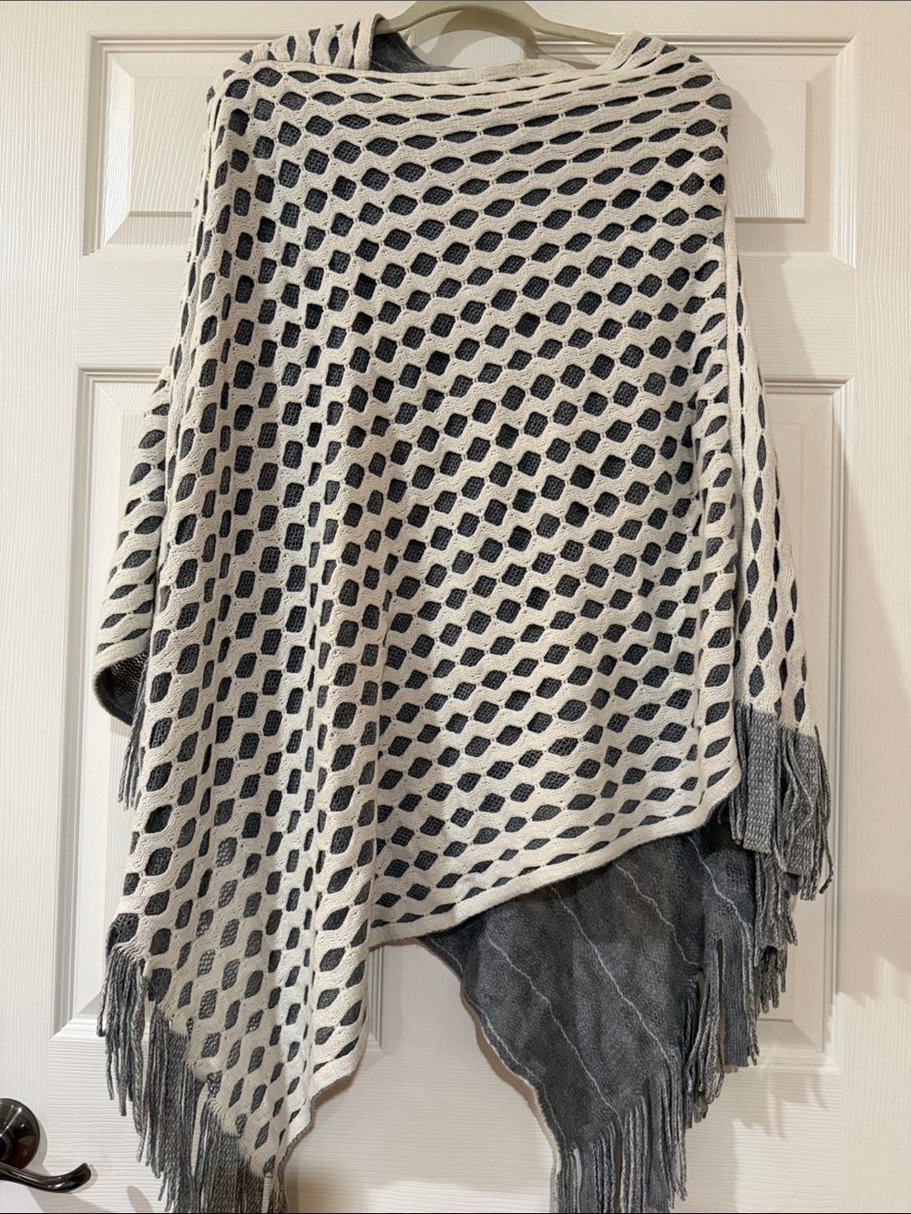 Ivory and Gray Knit Poncho with Fringe